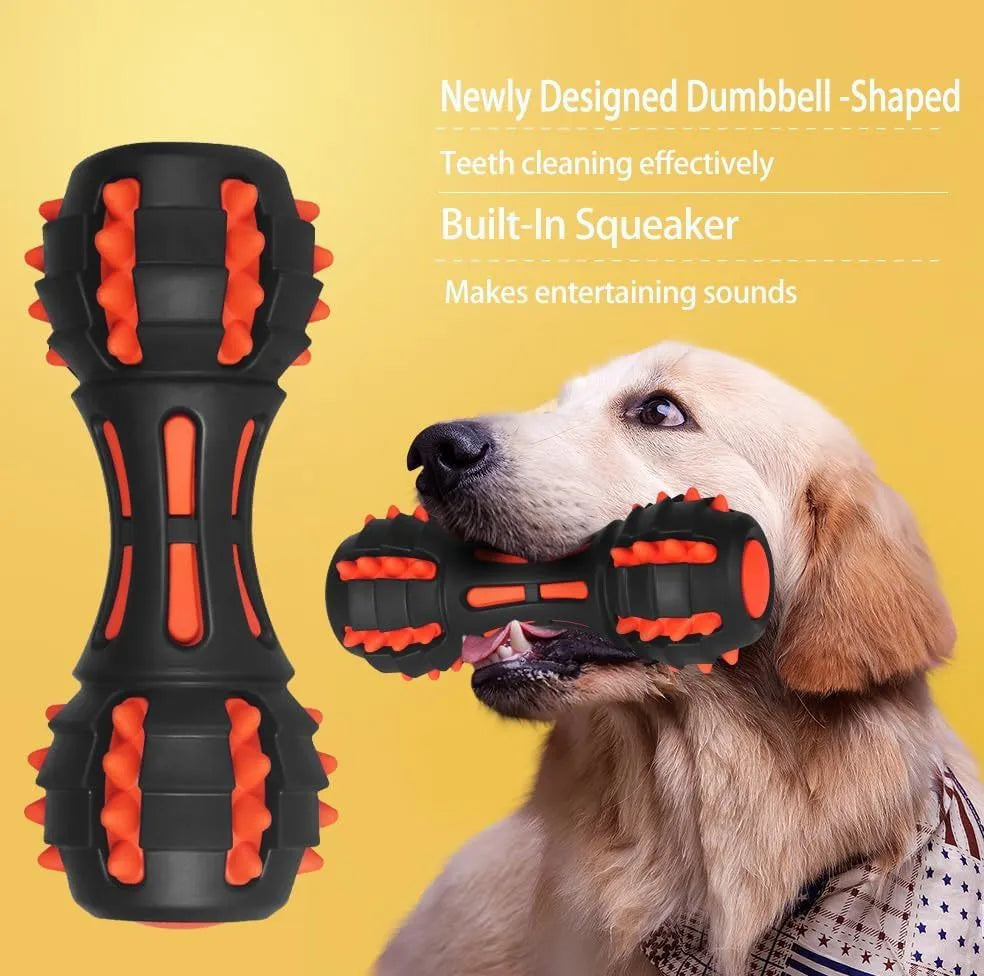 Red rubber dumbbell-shaped squeaky toy for dogs on a white background.