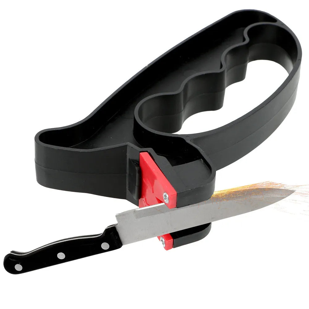 Black handheld knife and scissor sharpener tool with tungsten steel grindstone