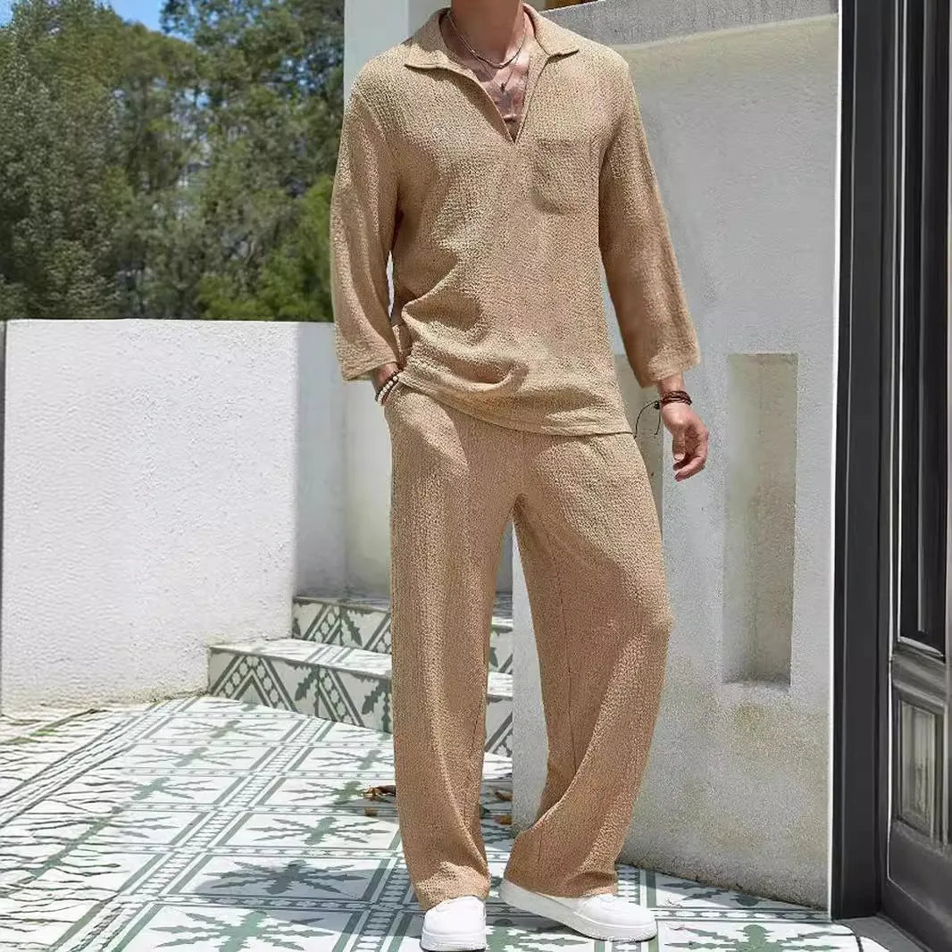 Men's casual commuter suit set in polyester, showing shirt and trousers in a choice of four colours.