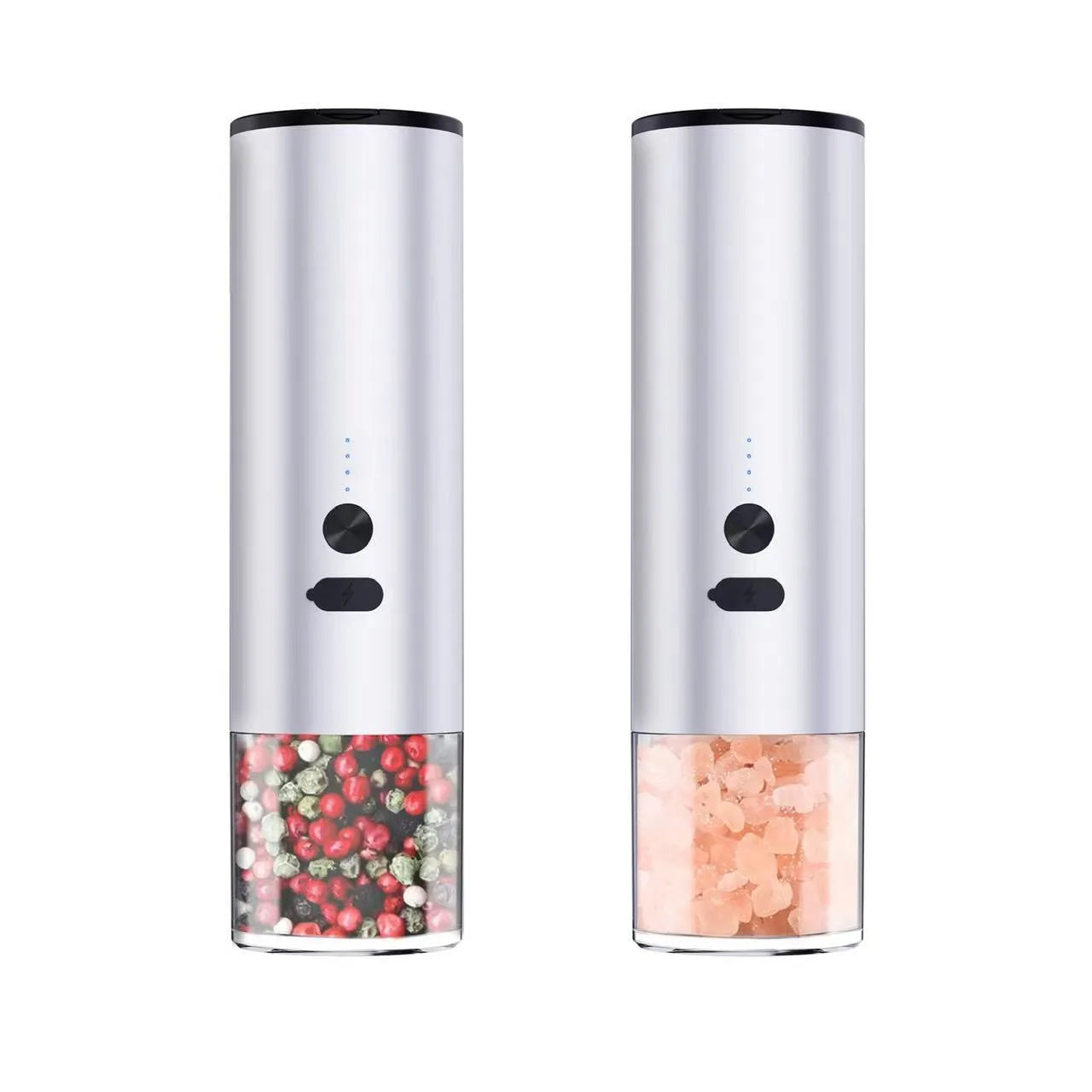 USB rechargeable electric salt and pepper grinder with clear glass jar and stainless steel top