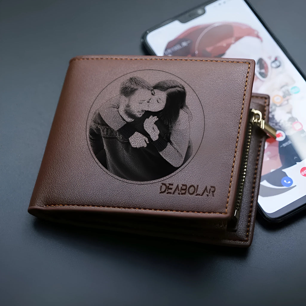 Men's brown leather wallet with zipper closure showing seven card slots inside