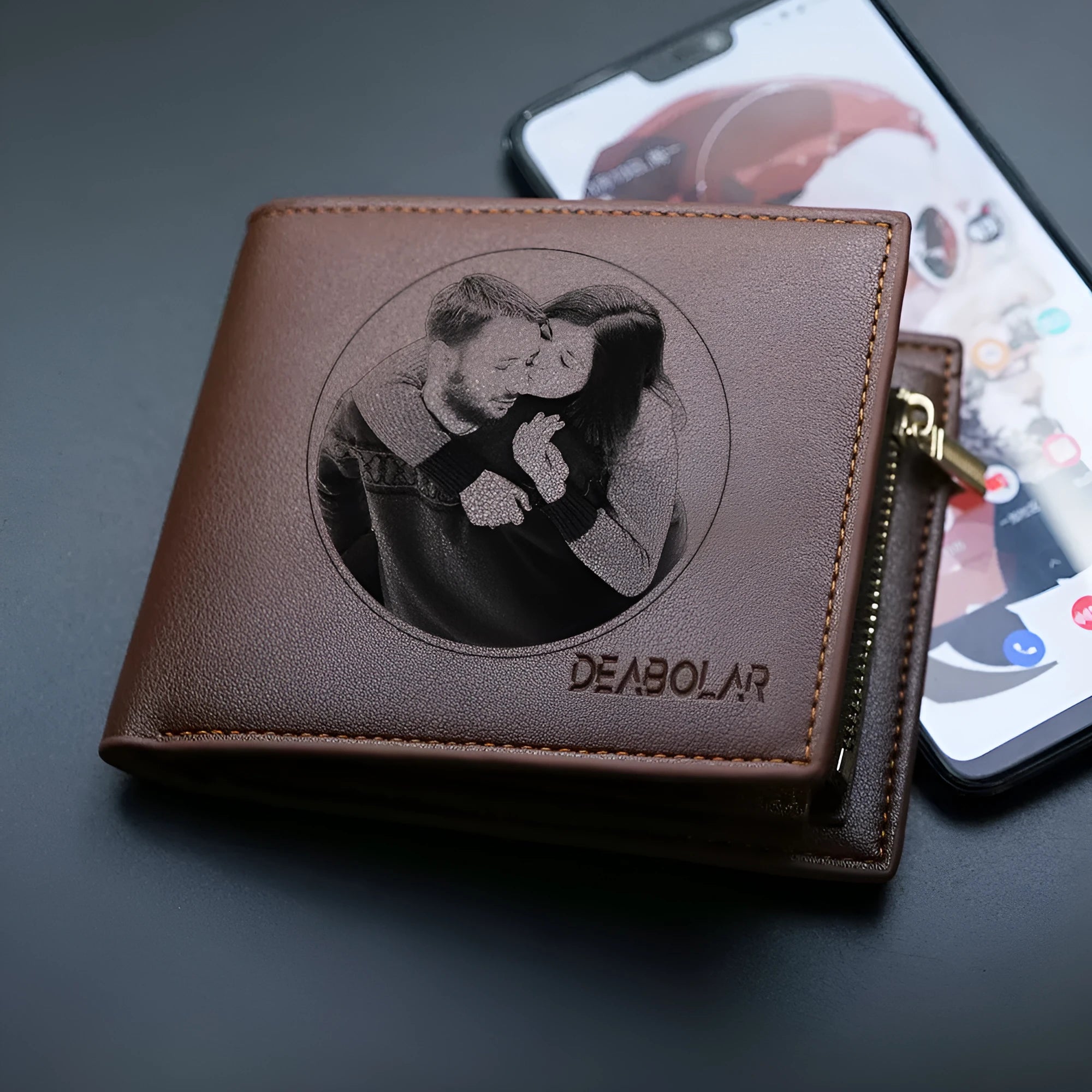 Men's brown leather wallet with zipper closure showing seven card slots inside