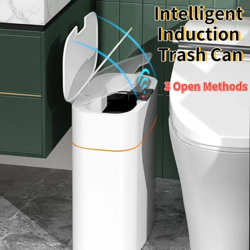 White automatic smart trash can with sensor lid on a kitchen floor.