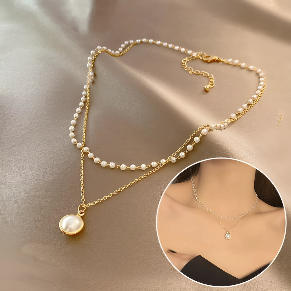 Double-layer pearl necklace with alloy chain and pearl pendant, inner chain 28.5cm, outer chain 40.0cm, extension chain 5.7cm