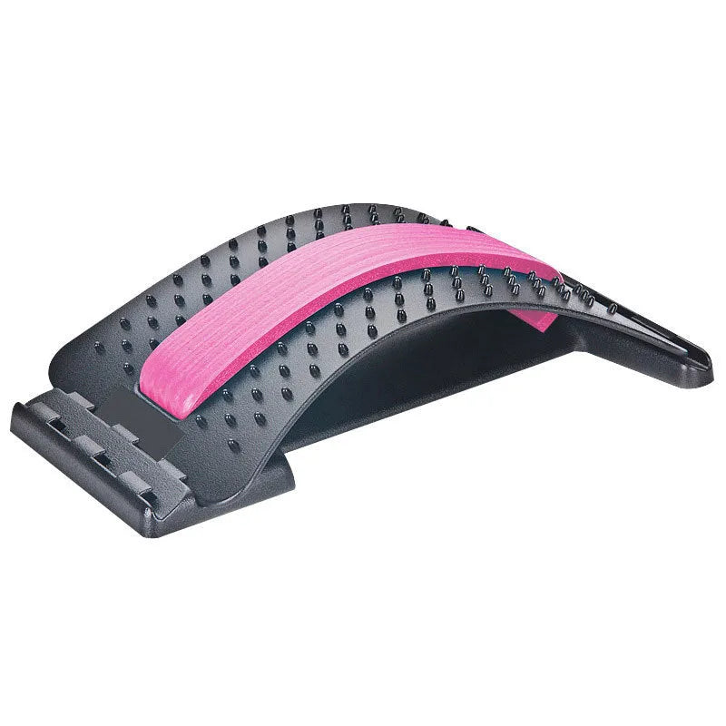 Adjustable back massager stretcher with magnetic therapy points on a black and purple background.
