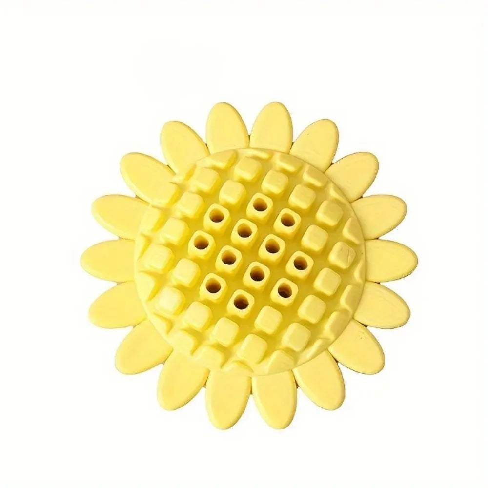 Yellow rubber sunflower-shaped dog chew toy for puppies with textured petals