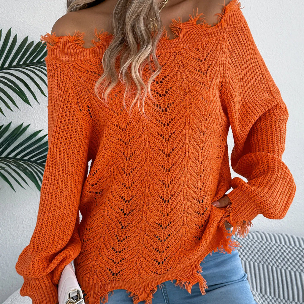 Women's hollow-out cut-off shoulder pullover sweater in acrylic fibre fabric