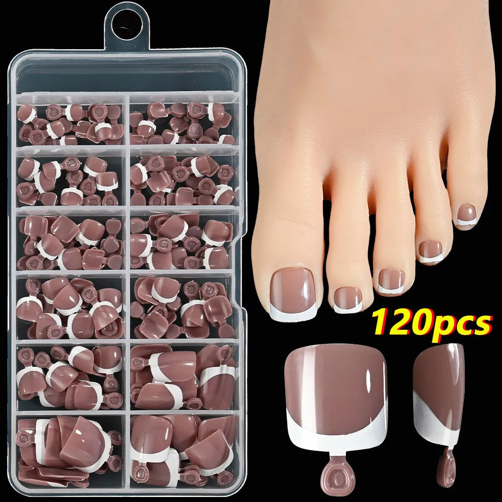 120 French white edge toenail pieces in nine nude shades, short square shape