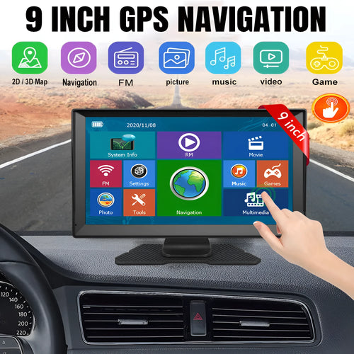 9-inch car portable GPS navigator with voice navigation and 3D maps on windscreen mount