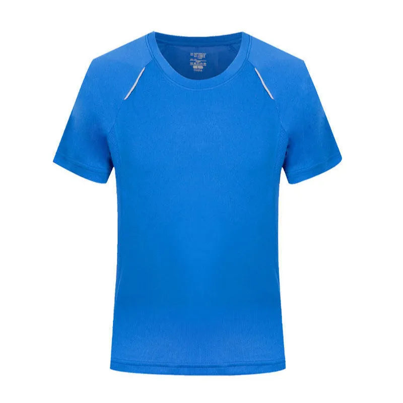 Men's slim fit quick-dry t-shirt in solid colours on a hanger, showing round neck and short sleeve design.