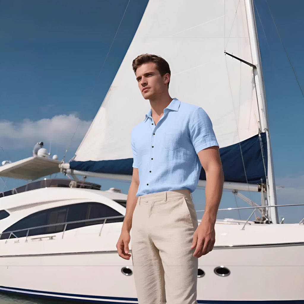 Men's loose cardigan-style short-sleeved shirt in cotton blend fabric showing colour options