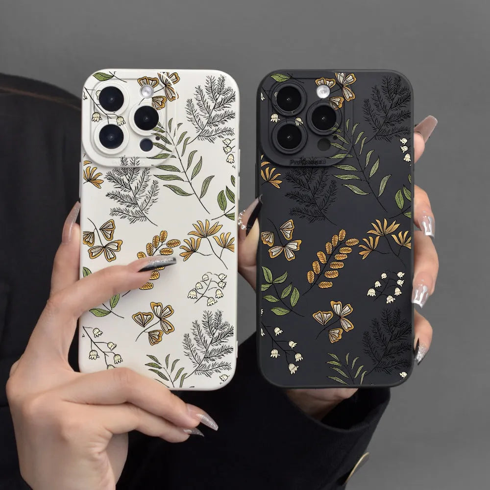 Leaf pattern TPU shockproof phone case for iPhone, black or white, with anti-fingerprint coating