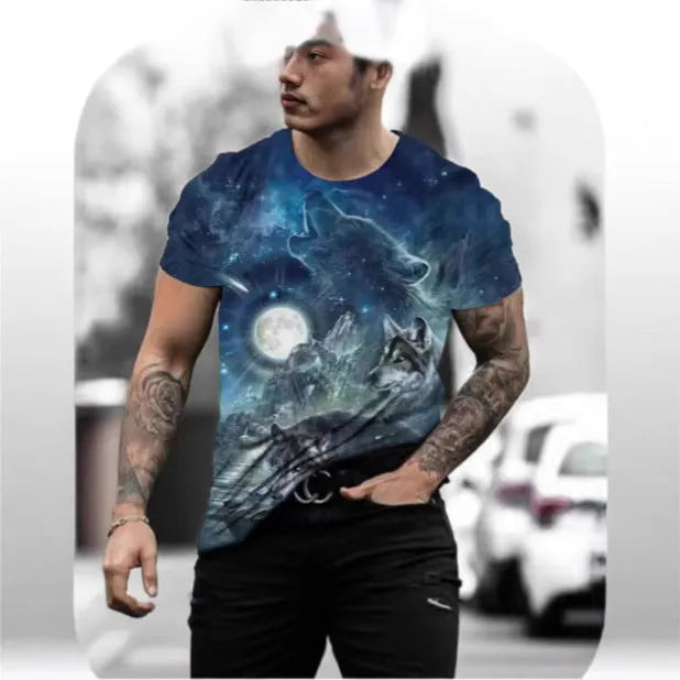 Men's grey short-sleeved T-shirt with a colourful retro 3D digital print of a wild animal on the front.