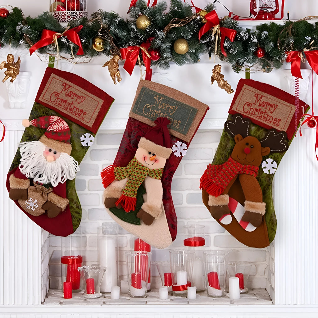 Christmas stocking decorations with 3D applique snowman, Santa elf and reindeer designs in mixed colours