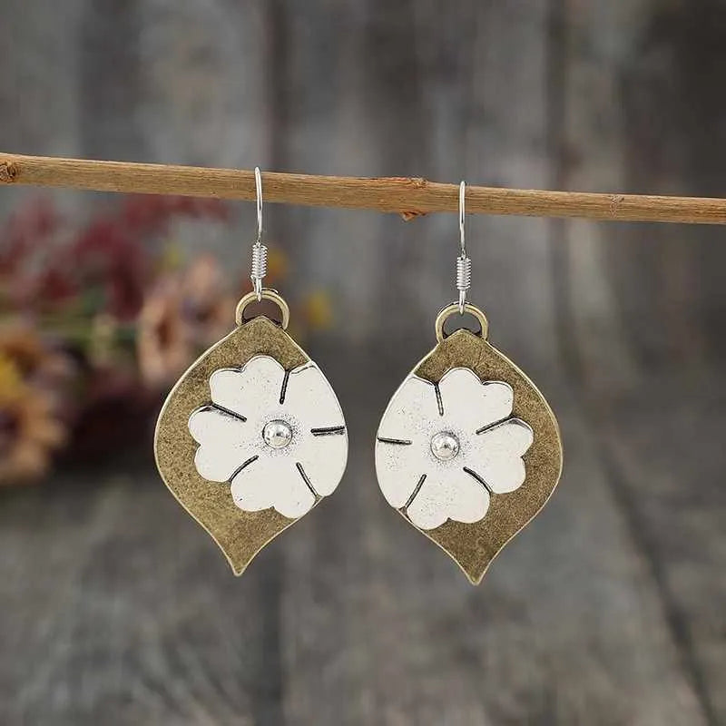 Gold electroplated alloy earrings with retro leaf, stitching and flower design, 5.3cm x 2.3cm, one pair