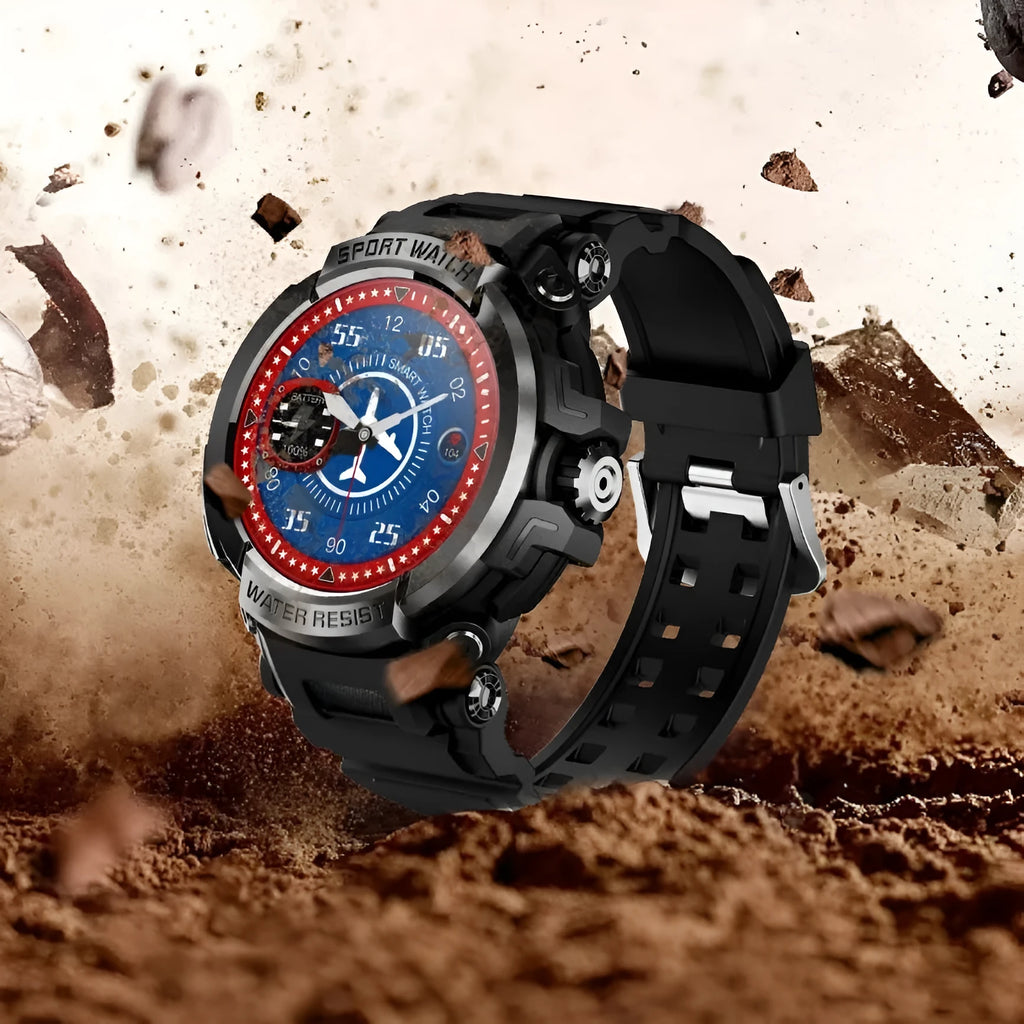 Smart watch in black with TFT screen showing heart rate display, Bluetooth calling function, and health monitoring features