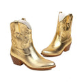 Women's mirror patent leather knee-high boots with embroidery, pointed toe, stiletto heel, in silver colour