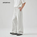 Men's casual loose straight-leg trousers in Paris grey with a high waist and front lace-up detail.