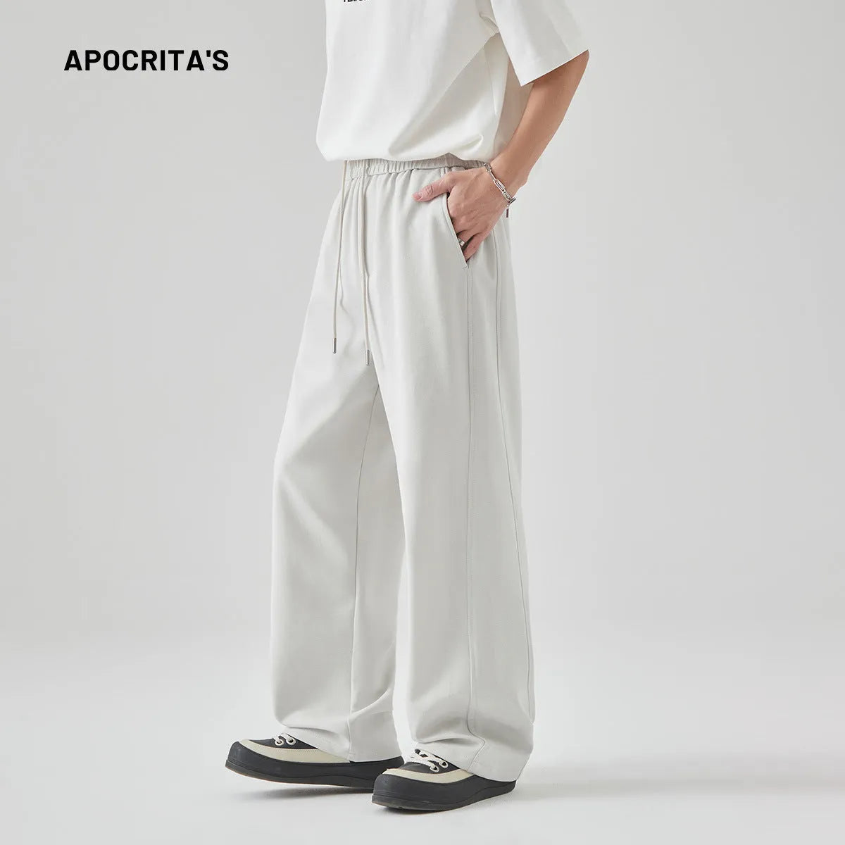 Men's casual loose straight-leg trousers in Paris grey with a high waist and front lace-up detail.