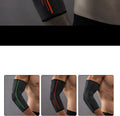 Sports elbow guard in black showing padded elbow protection with adjustable fit for basketball and weightlifting