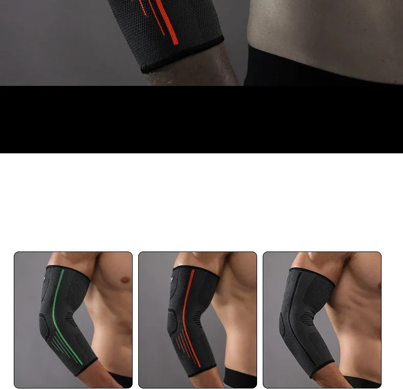Sports elbow guard in black showing padded elbow protection with adjustable fit for basketball and weightlifting