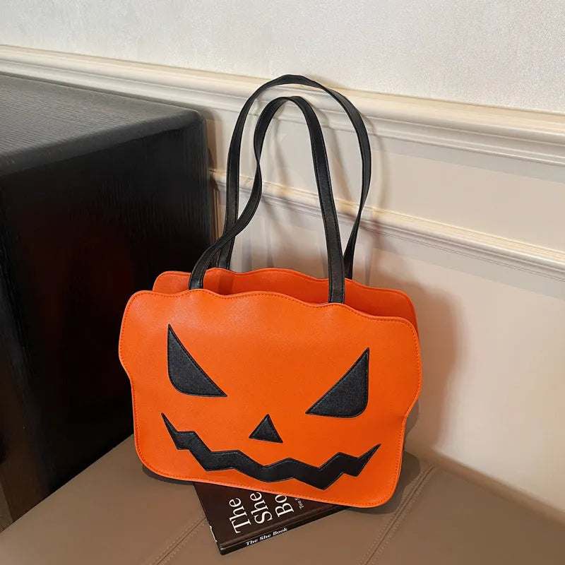 Women's fashion Halloween pumpkin shoulder messenger bag in PU leather, black and orange options