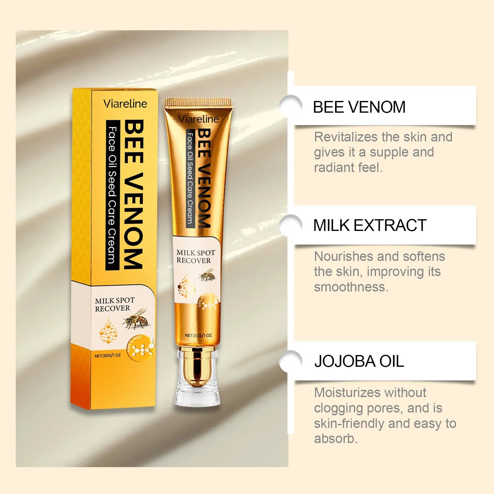 30g facial and neck moisturising cream with bee venom and milk extract