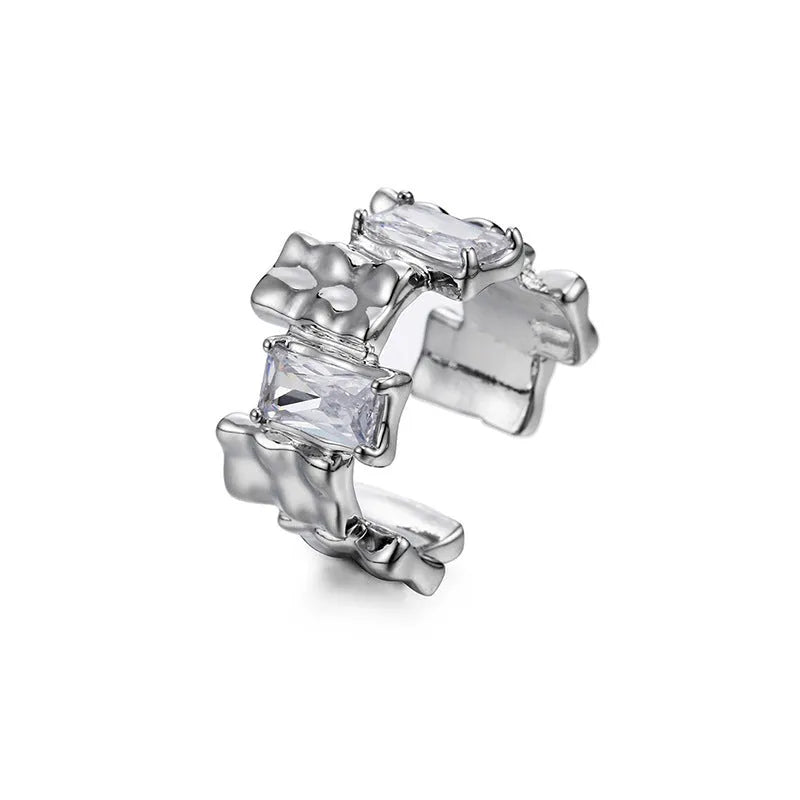 Silver geometric ring with cross zircon design and open gemstone setting
