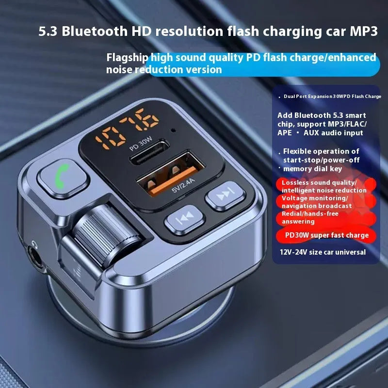 Vehicle Bluetooth receiver and car charger with LED display, USB-C and USB-A ports