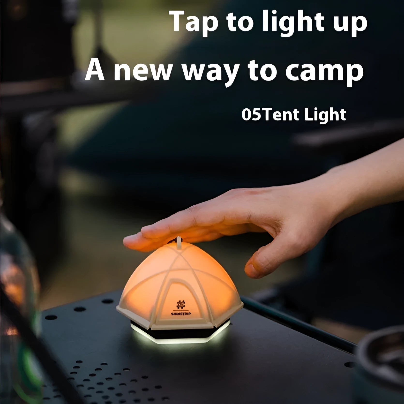 Dark green camping tent light with analog dimmer dial showing IPX4 waterproof rating.