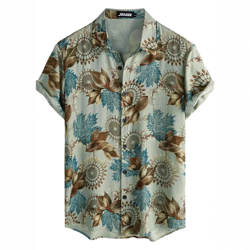 Short sleeve Hawaiian floral print shirt with lapel, shown in a vibrant colour on a model.