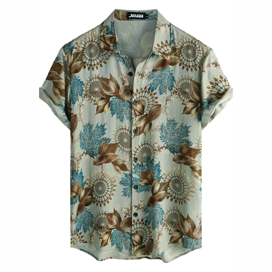 Short sleeve Hawaiian floral print shirt with lapel, shown in a vibrant colour on a model.
