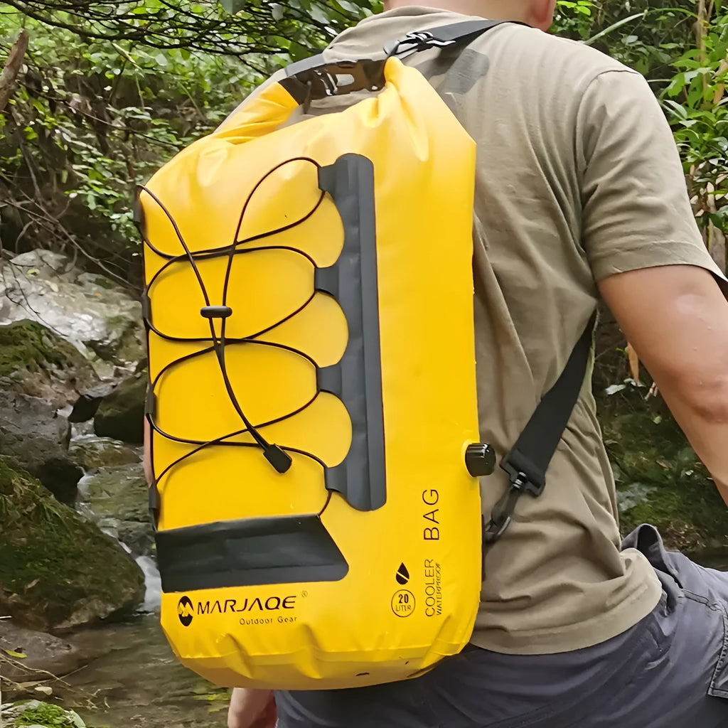 Yellow and black waterproof PVC backpack with dry wet separation compartments and 20 litre capacity for outdoor water sports