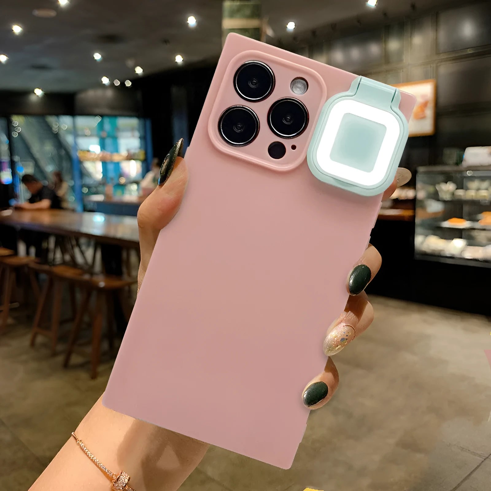 Ring flash mobile phone back cover case for Apple iPhone 13 models in pink, green, and white colours