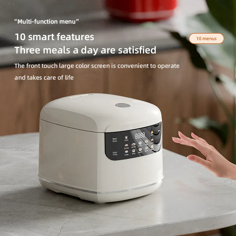 White multi-function smart rice cooker with 2L steamer, touch panel, LCD display, and aluminum core lining