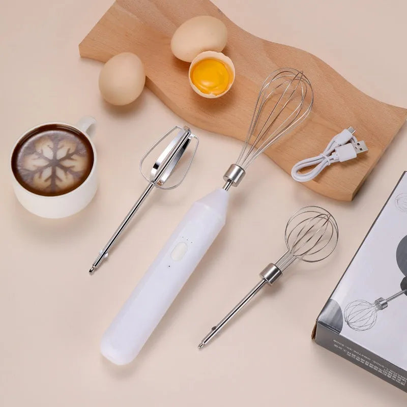 Handheld electric egg beater in black, pink, or white with grow head, 304 stainless steel and ABS, cordless 2000mAh, 18000 rpm.