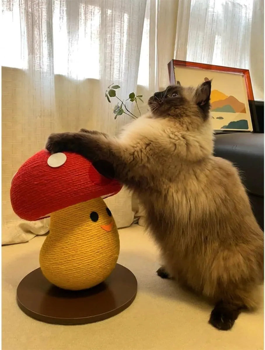 Foldable mushroom-shaped cat scratcher with accordion design cardboard construction