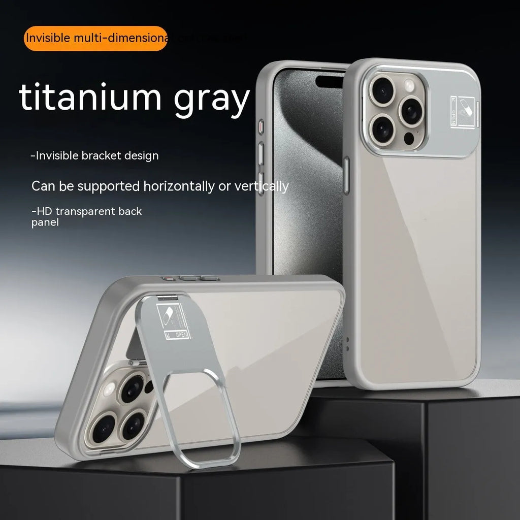 Acrylic phone case with stand and explosion-proof protection for iPhone 13 to 15 series in six colours.