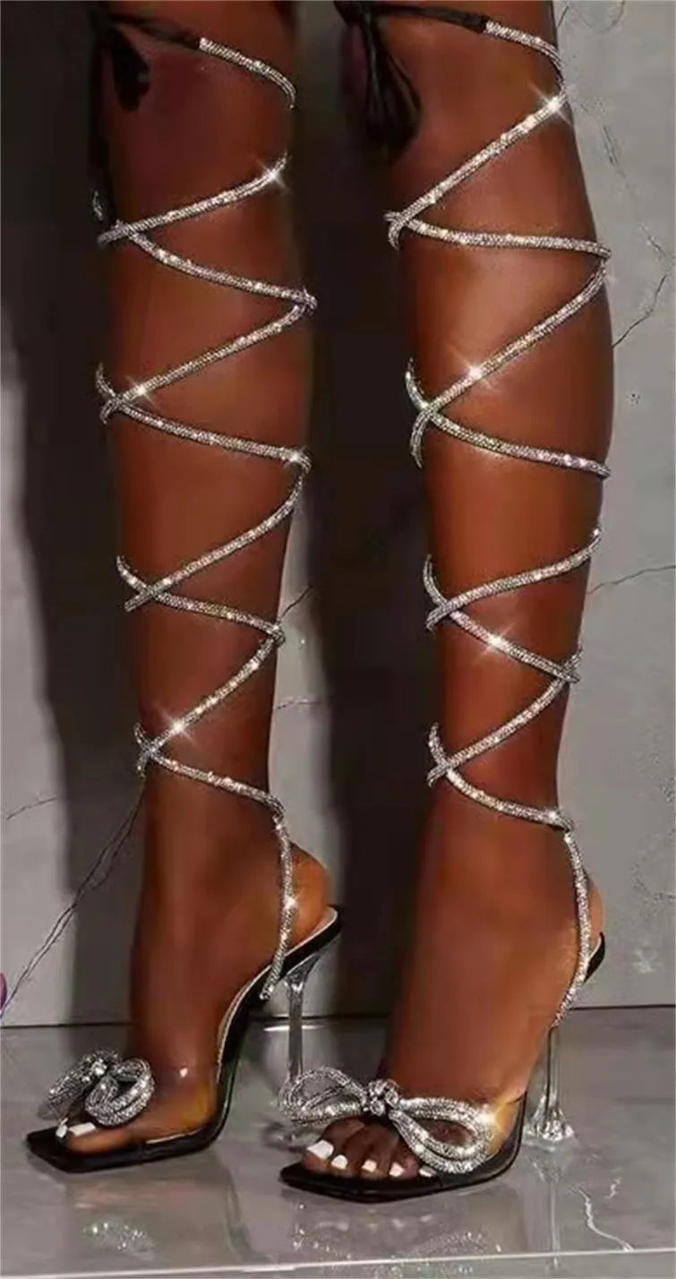 Plus size women's black strappy sandals with rhinestone straps and square toe