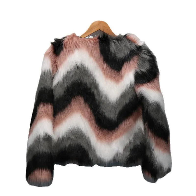Korean-style women's faux fur O-neck short coat in picture colour, shown as a street fashion garment.