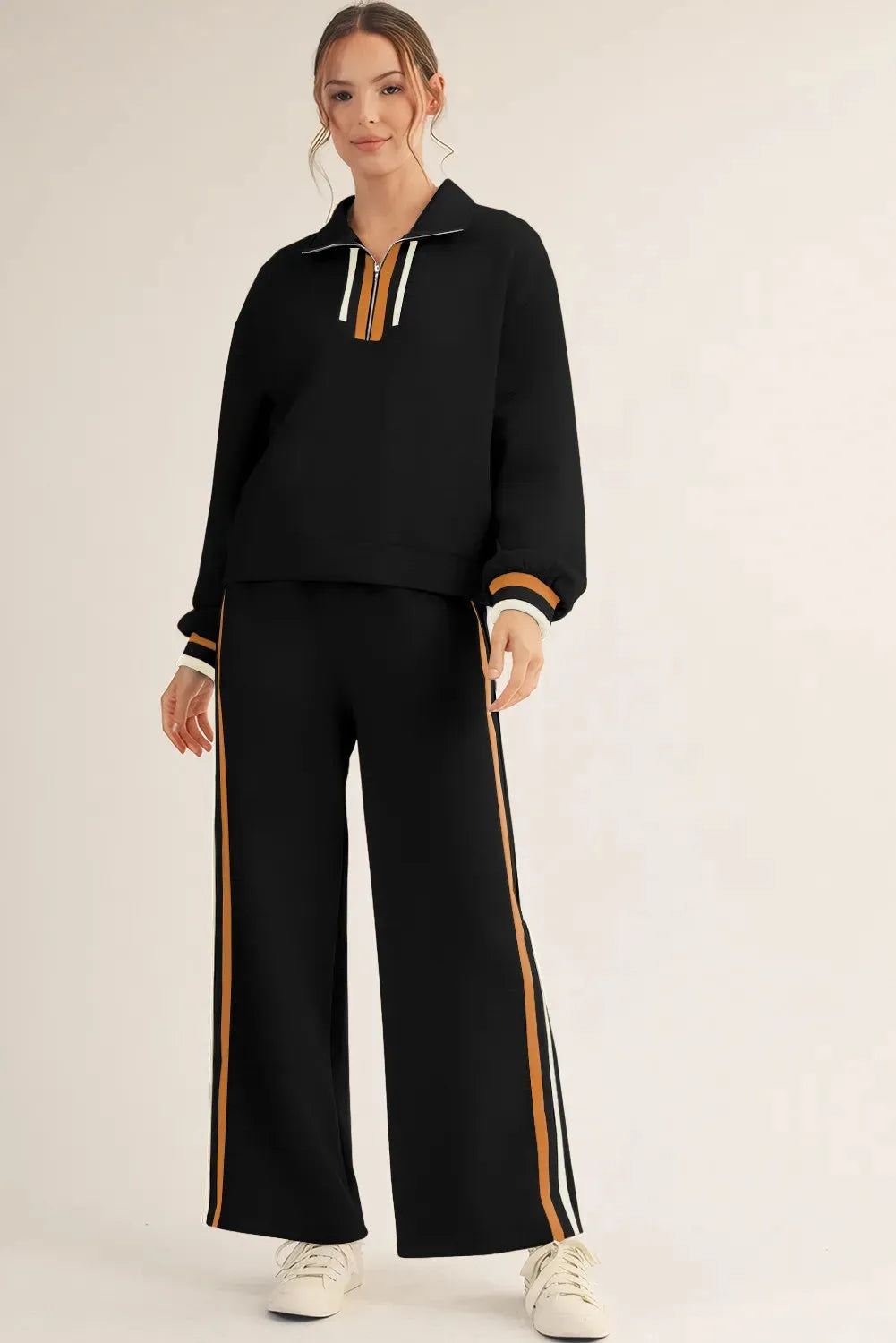Black striped patchwork quarter zip pullover and loose pant set, sizes S-XL