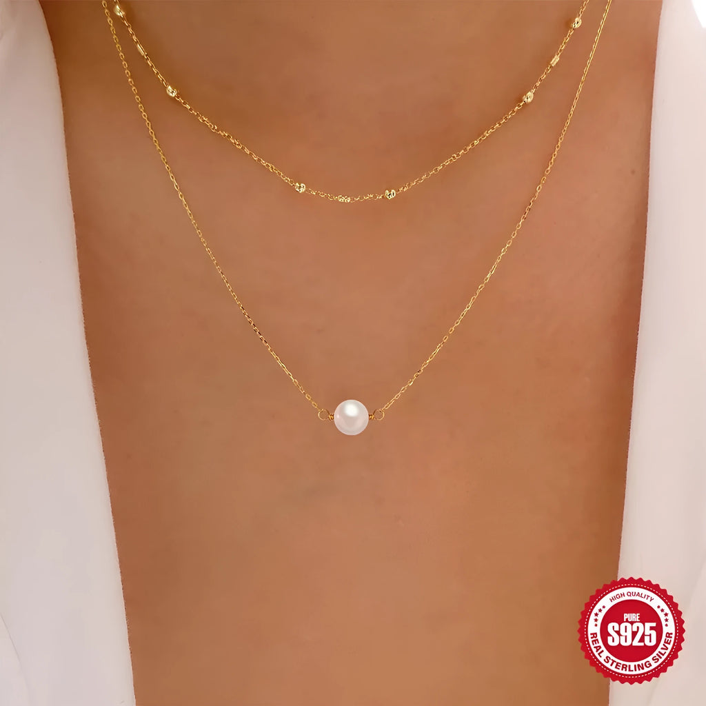 S925 sterling silver double layer necklace with twin pearls in gold or white gold tone