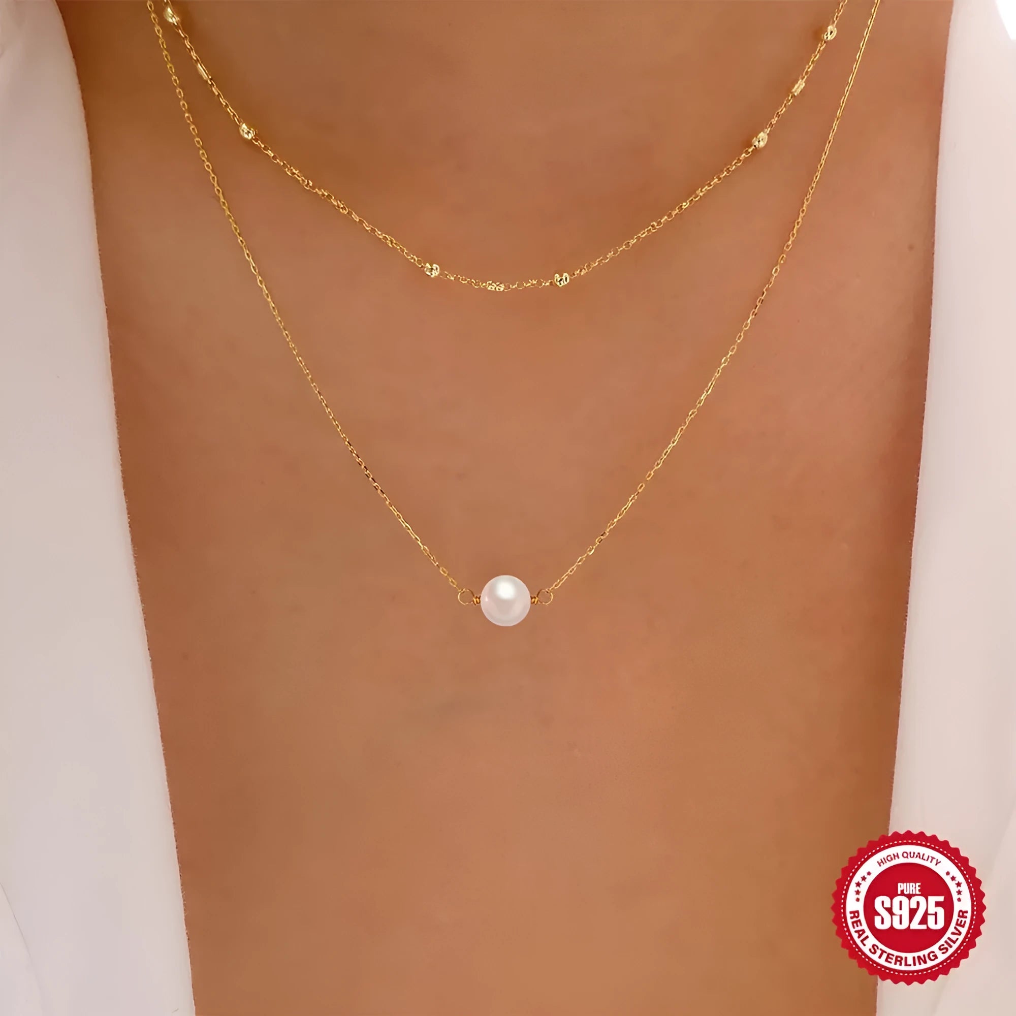 S925 sterling silver double layer necklace with twin pearls in gold or white gold tone