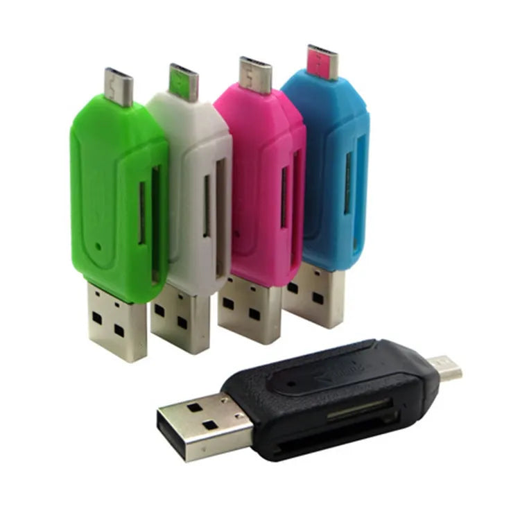 OTG dual-purpose card reader for SD and TF memory cards with USB and micro USB connectors