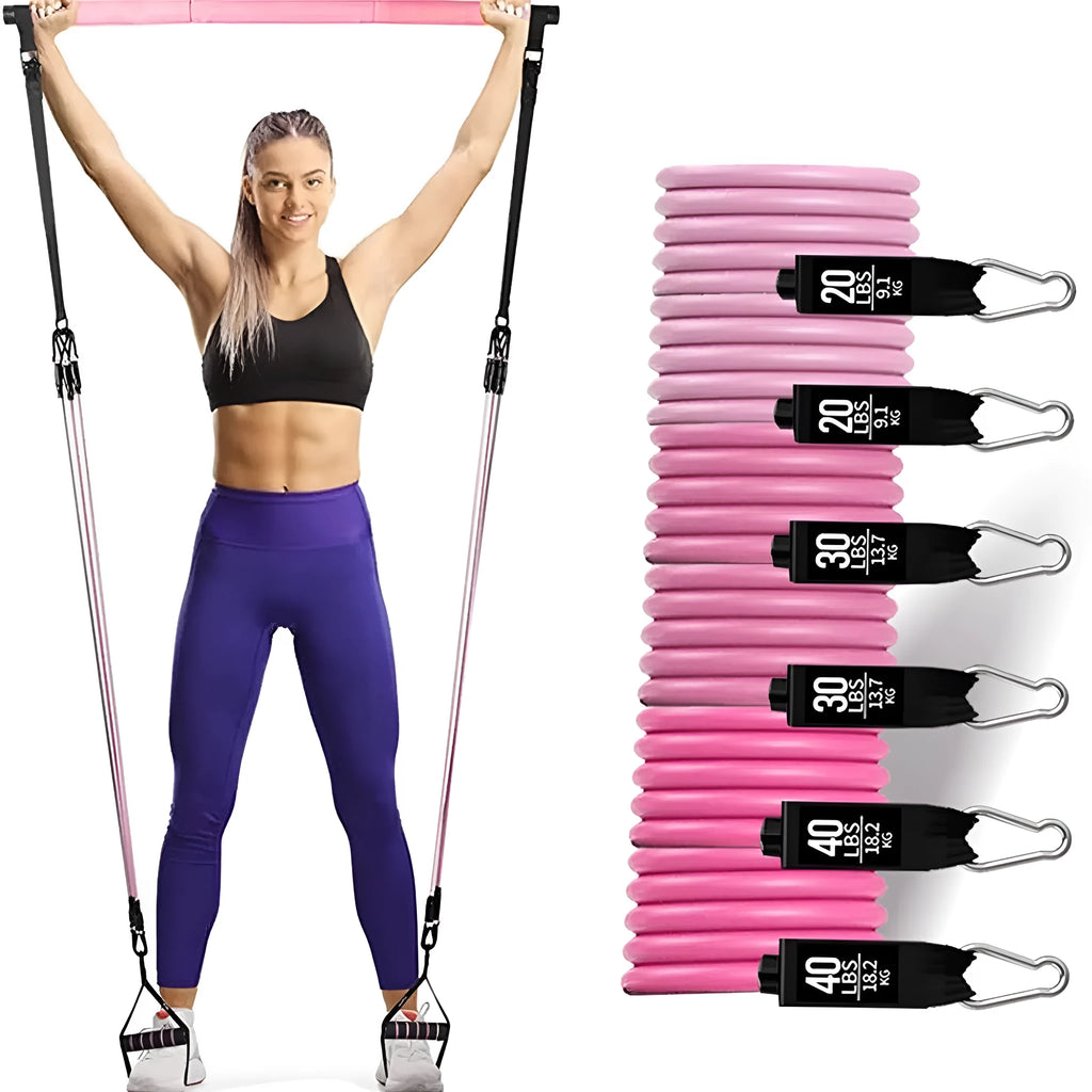 Yoga gymnastic bar resistance band set with 180-pound tension in pink and black TPE ribbon style.