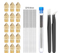 MK8 brass 3D printer nozzle and stainless steel cleaning pin set on a white background.