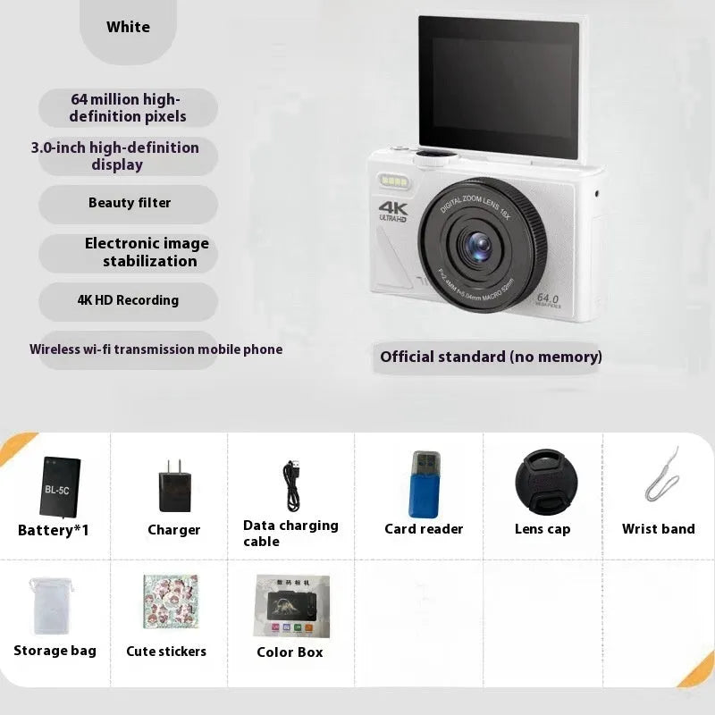 64 million HD mirrorless CCD camera with ABS body, black, front view showing lens and full HD screen