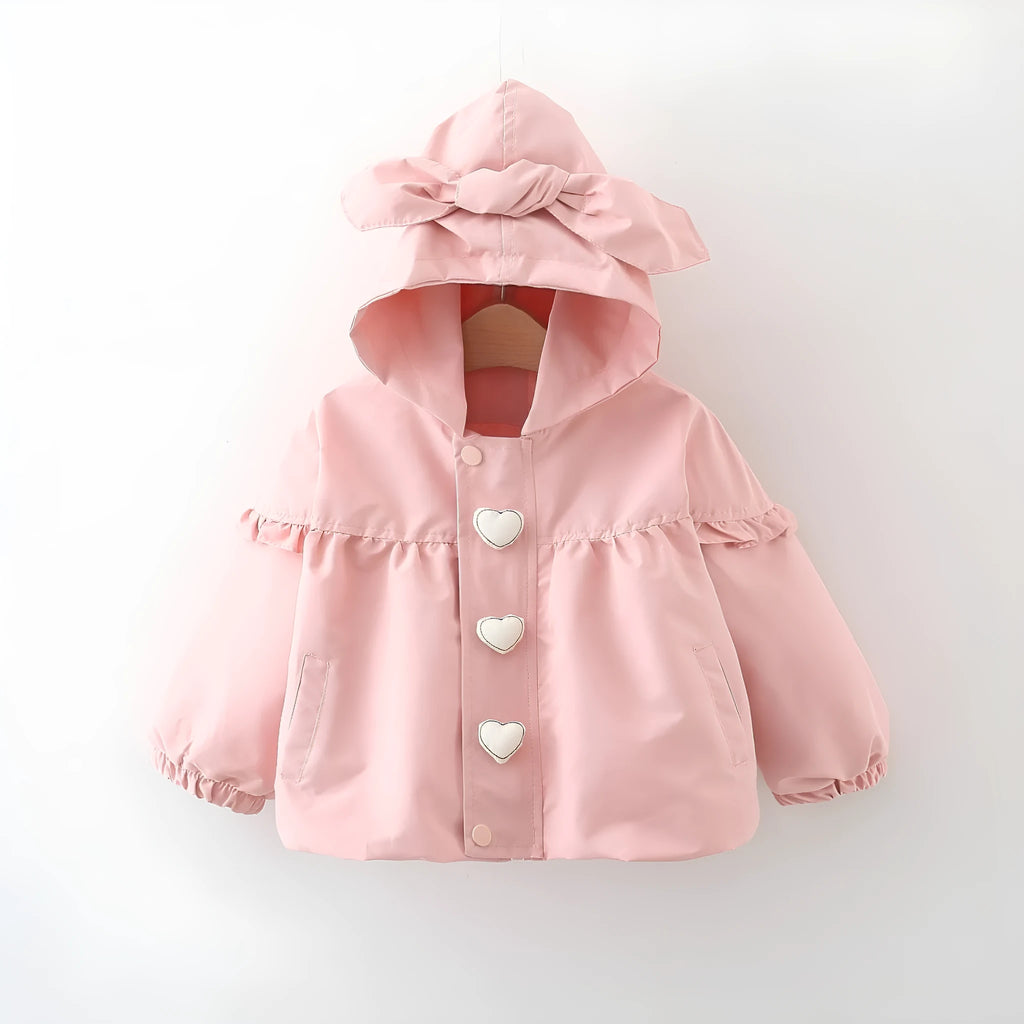 Children's mid-length love hooded trench coat in green, cotton blend, zipper closure, fixed hood, girls casual spring autumn coat