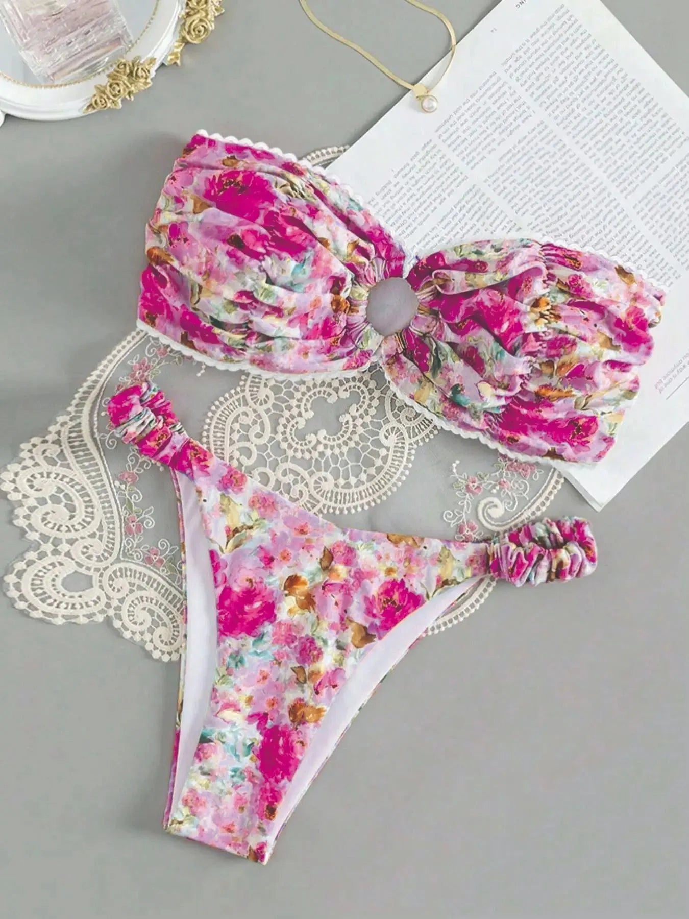Floral printed tube top bikini set with lace trim in blue, pink, yellow colours