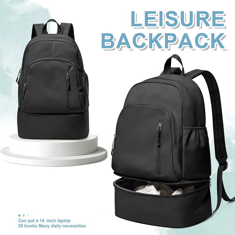 Women's casual backpack in black with curved adjustable shoulder straps showing stitching details